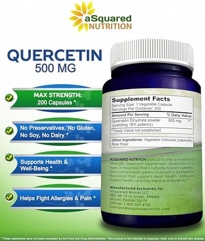 Quercetin 500mg Supplement - 200 Capsules - Dihydrate Powder Complex Pills | Max Strength Quercetin Dihydrate Supplements to Support Cardiovascular Health & Help Improve Immune Response