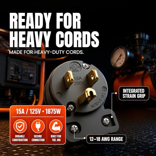 515AN 90 Degree Right Angle Male Plug, 15 Amp 120v 125 Volt NEMA 5-15P, 2Pole 3Wire, Straight Blade Replacement Electrical Plug Extension Cord End - Commercial Grade 15A (Black, 1-PACK)
