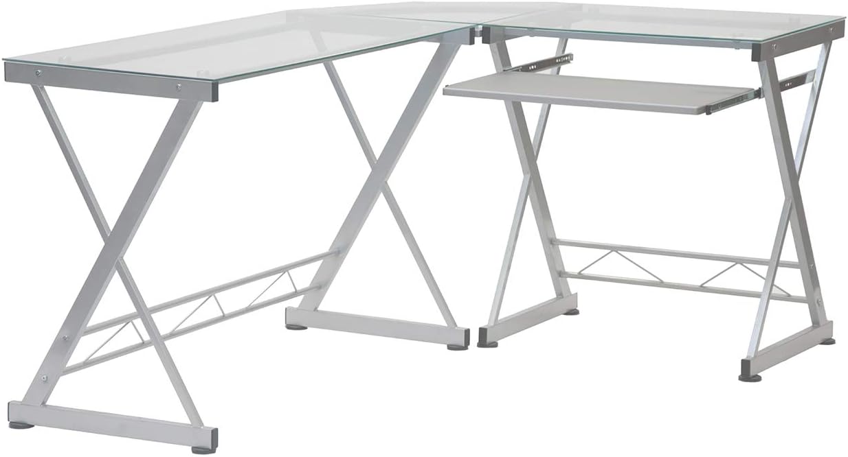 Techni Mobili L Shaped Desk with Keyboard Tray & Tempered Glass Desktop | Home Office, Corner Desk, Work From Home, Professional