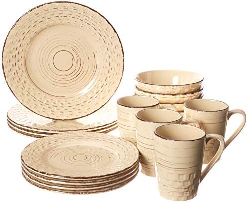 Lorren Home Trends Distressed Weave Dinnerware Set, Buttercup, 16 Piece | Service for 4