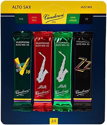 Vandoren SRMIXA3 Alto Sax Jazz Reed Mix Card includes 1 each ZZ, V16, JAVA and JAVA Red Strength 3