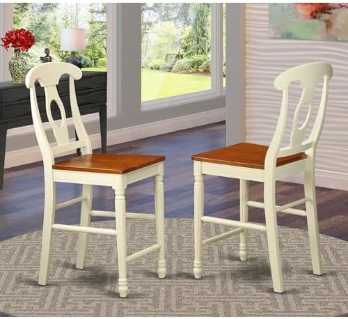 East West Furniture KES-WHI-W Kenley Counter Height Dining Chairs - Napoleon Back Solid Wood Seat Chairs, Set of 2, Buttermilk & Cherry