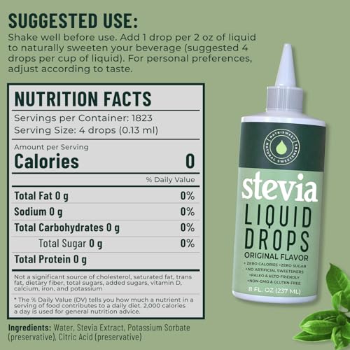 Stevia Liquid Drops, 8 Fl oz, 1823 servings, Pure Concentrated Drops with Zero Calories & Zero Carbs