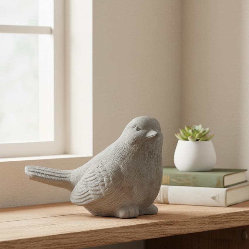 Sitting Bird Cement Figurine, Gray Concrete-Style Finish, 7.5 Inch | Nature-Inspired Bird Sculpture With A Gray Concrete-Style Finish