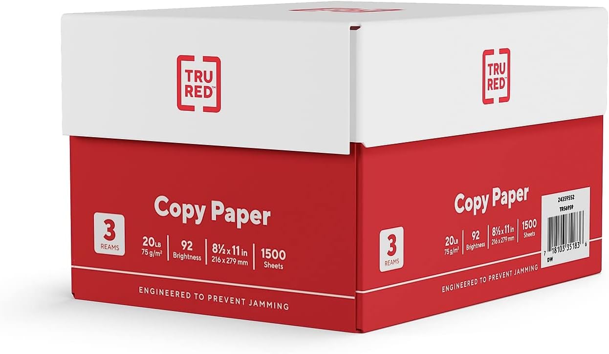 Staples TRU RED Copy & Printer Paper, 8.5 x 11, 20 lb, 92 Bright, 5,000 Sheets/Carton, White Letter Size Paper for Office, School & Home