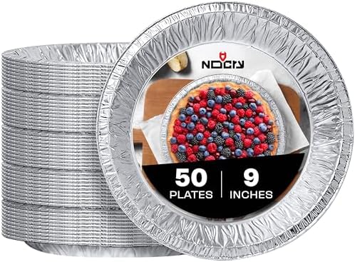 NoCry Premium Disposable Pie Pans 9 Inch (50 Pack) — Foil Aluminum Tins with Curl Lip for Baking Delicious Tarts or Crispy Pastry Crusts —
