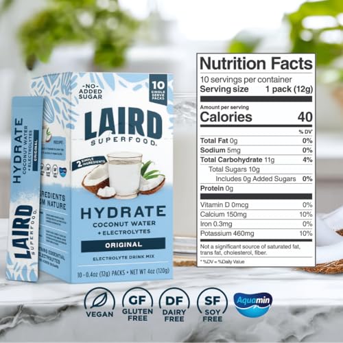 Laird Superfood HYDRATE Coconut Water Powder Drink Supplement with Coconut Water and Auqamin, All Natural, No Added Sugars, Gluten-Free, Non-GMO, Vegan, 8 oz. Bag, Pack of 1