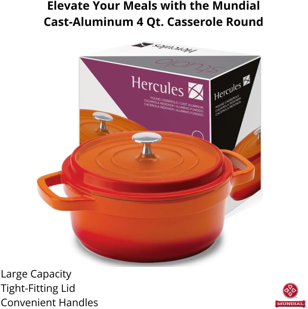 Hercules by Mundial, Cast-Aluminum Dutch Oven Pot with Lid & Handles, All Stove types, Oven-Safe Casserole Cookware with Nonstick Enamel, Orange 26L