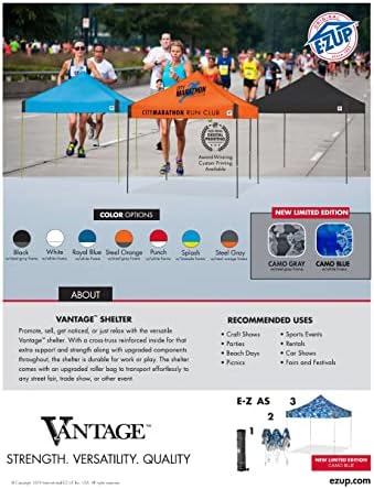 E-Z UP Vantage Instant Shelter Canopy, 10' x 10', Steel Gray Powder-Coated Steel Frame with Wide-Trax Roller Bag & 4 Piece Spike Set, Black