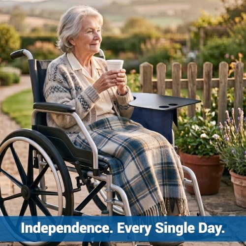 Skil-Care Left Side Wheelchair Flip Tray, 23"W x 19.5"D, Scratch-Resistant | 705032, Scratch-Resistant Surface, Two Cup Holders, Convenient Flip-Away Design, Fits All Standard Wheelchair Armrests, Left