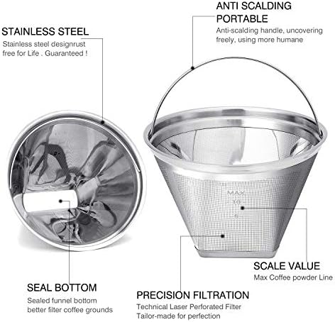 Reusable #4 Cone Shape Coffee Filter Permanent 6-10 Cup Stainless Steel Coffee Filter for Cuisinart Maker Ninja Coffee Bar Brewer -BPA Free