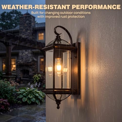 Solid Copper Outdoor Wall Light, 18.5" Oil Rubbed Bronze Porch Lantern with Clear Beveled Glass, Exterior Wall Sconce for Front Door, Garage