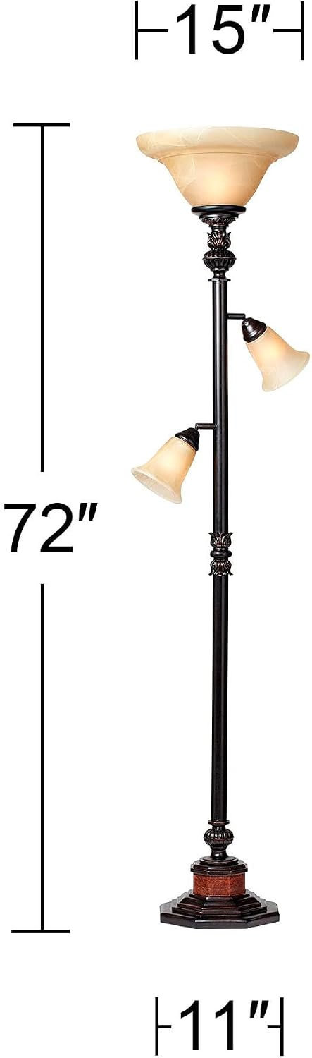 Kathy Ireland Sonnett 72" Tall 3-Light Torchiere Floor Lamp Living Room | Industrial Vintage Tree Standing Bronze Brown Champagne Alabaster Glass