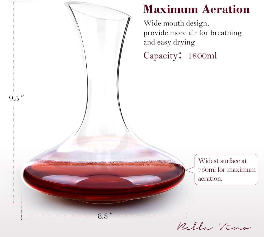 Large Elegant Red Wine Decanter with Aerator Pourer, 1600ml. - Hand Blown Lead-Free Crystal Glass Carafe for Cabernet, Merlot, Home Bar Accessory