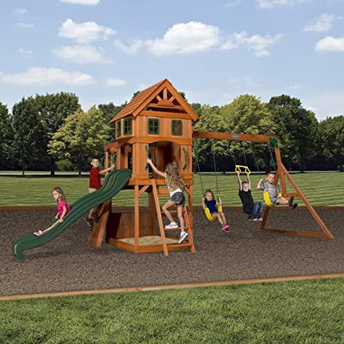 Backyard Discovery Atlantis Cedar Wood Swing Set with Wave Slide, Raised Clubhouse, Rock Wall, Belt Swings, Trapeze, Balcony, Lower Play Space