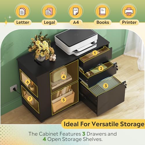 DEVAISE File Cabinet with Lock, Printer Stand with Charging Station Black | Lateral Mobile Filing Cabinets, Lock & Open Storage Shelves