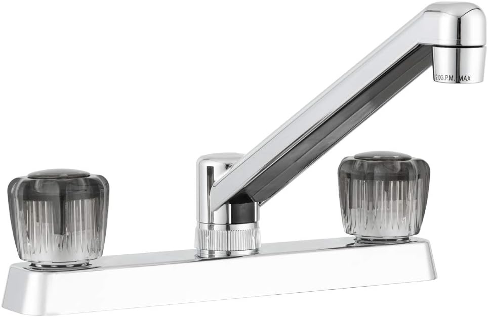 Dura Faucet DF-PK600S-BQ RV Two Handle Kitchen Sink Faucet (Bisque) | Smoked acrylic knobs give smooth, precise control of flow. Bisque Parchment. Plated ABS plastic (not metal).