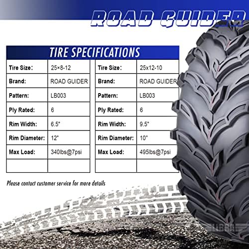 ROADGUIDER Set 4 ATV/UTV Tires 25x8-12 Front 25x12-10 Rear 6PR 10272/274