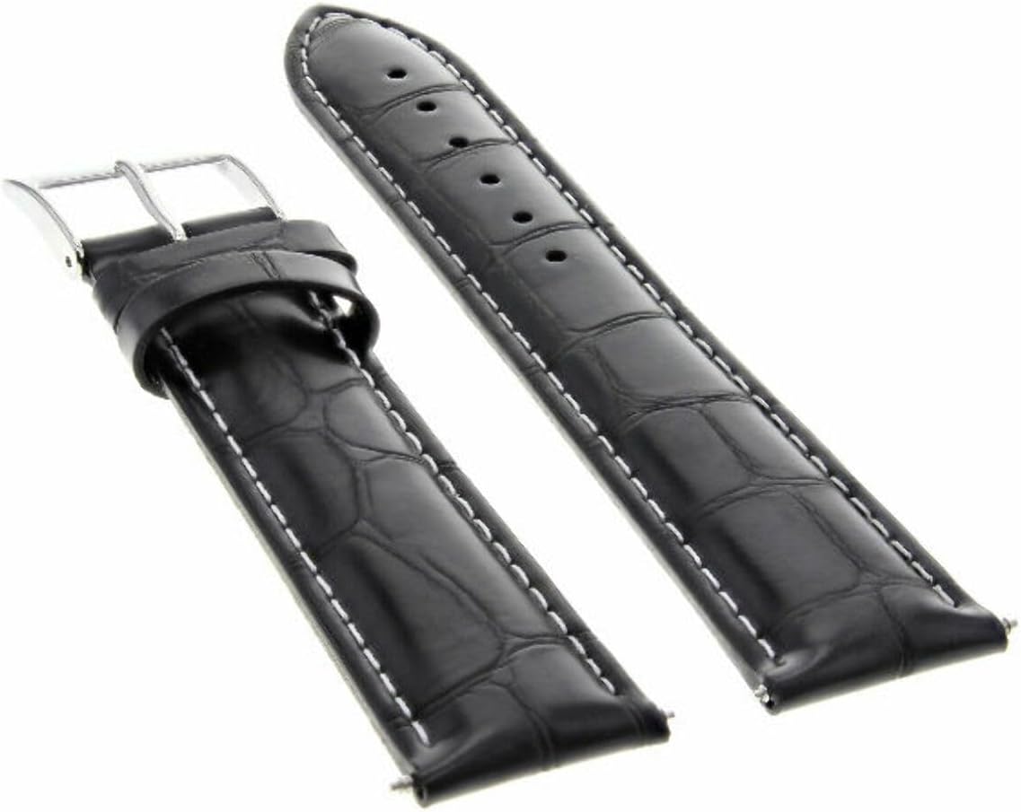 Ewatchparts 19mm Black With White Stitching Leather Watch Band Replacement Watch Strap Silver Buckle Compatible With Invicta Russian