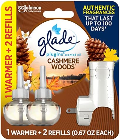 Glade PlugIns Refills Air Freshener Starter Kit, Scented and Essential Oils for Home and Bathroom, Cashmere Woods, 1.34 Fl Oz, 1 Warmer + 2 Refills