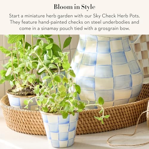 MACKENZIE-CHILDS Enamel Herb Pot Set, Small, Black-and-White Courtly Check | Hand-painted design, small plant pots for herbs or flowers, 8-ounce capacity per pot, set of 3