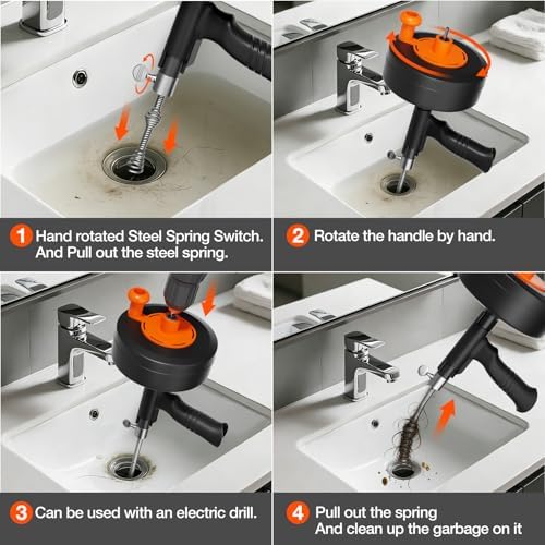 25ft Drain Auger Heavy Duty, Professional Plumbing Snake with Drill Adapter, Manual & Powered Clog Remover for Kitchen, Bathroom, Shower Sink & Bathtub, Flexible Pipe Snake Cleaner with Gloves