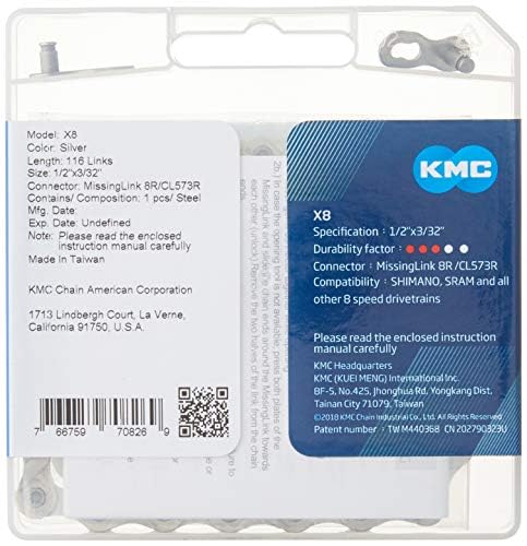 KMC X8 8-Speed X-Series High-Performance Bicycle Chain, Nickel Plate/Grey | Compatible with Shimano, SRAM, and Campagnolo 8-speed systems for MTB, road, gravel, and cyclocross riding