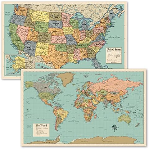 Laminated World Map & US Map Poster Set - 18" x 29" - Wall Chart Maps of the World & United States - Made in the USA - (LAMINATED, 18" x 29")