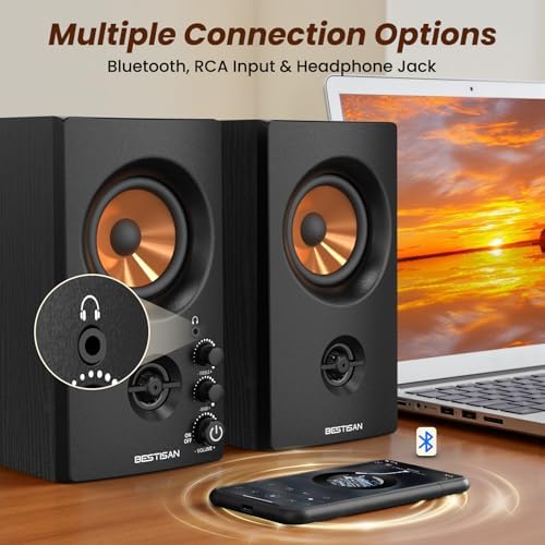 BESTISAN Active Bookshelf Speakers, 50W BT Home Speakers, 3’’ Woofer, 1’’ Silk Dome Tweeter PC Speakers, RCA Speakers for Desktop/Turntable/TV