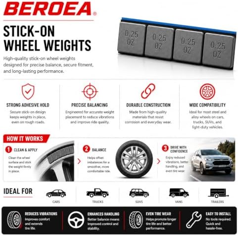 OCTOPUS BEROEA 500Pcs Zinc Black Coated Stick-On Balance Wheel Weight Lead-Free Cars SUVs Trucks Motorcycle Wheel Balancers w/Wider and 3M Tape 1oz