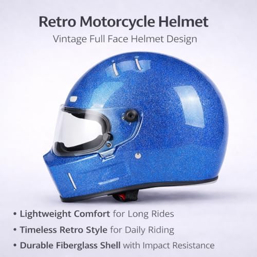 CRG Sports Retro Full Face Motorcycle Helmet, DOT Approved Fiberglass Street Bike Helmet with Clear Visor, Lightweight Cafe Racer Cruiser Motorcycle Helmet