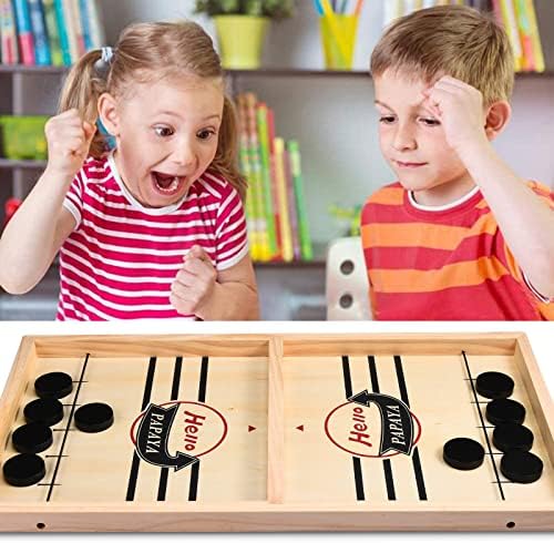 HELLO PAPAYA Fast Sling Puck Game - Test Your Speed and Accuracy with This Fast-Paced Wooden Air Hockey Desktop Battle Board Game - Guaranteed Fun