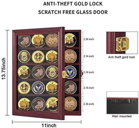 Jinchuan Military Challenge Coin Display Case Lockable Cabinet Rack Holder Shadow Box with Removable 2 Grooves Shelves and Anti Dust Door for Casino