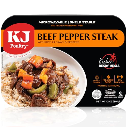 KJ Poultry Kosher Ready Meals - Beef Pepper Steak & Rice, MRE Meat Meals Ready to Eat (1 Pack) Prepared Entree Fully Cooked, Shelf Stable Microwave Dinner Travel, Military, Camping, Emergency Survival