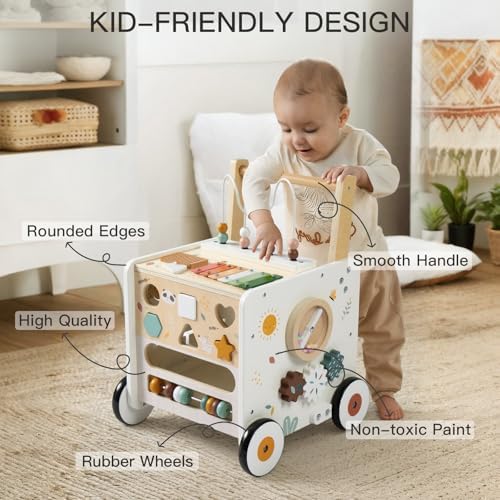 Wooden Baby Walker, Activity Cube Push Walker for Boys and Girls, Toddler Montessori Learning to Walk Toy with Adjustable Speed