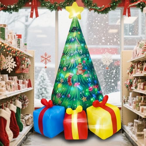 6.5FT H Animated Christmas Inflatable Tree with Santa Claus Chased by Dog Build-in LED Lights Funny Inflatable Dog Chasing Santa Claus,Blow Up Christmas Indoor Outdoor Decor