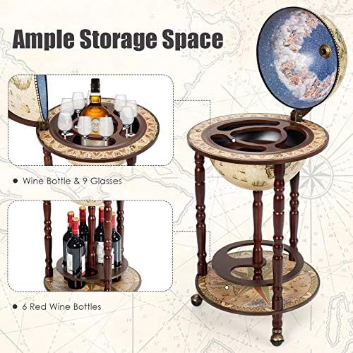 LDAILY Moccha 17” Globe Wood Wine Bar Stand, 16th Century Italian Replica Liquor Bottle Shelf w/Wheels, Wood Wine Cart Cabinet w/Bottom Shelf