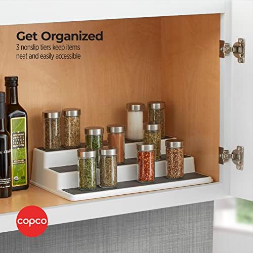 Copco 3-Tier Spice Rack Organizer for Cabinet - 15 Inch Non-Skid Pantry Organizer and Storage Shelf for Spices, Canned Goods, Seasonings - White and Gray Kitchen Cabinet Organizer