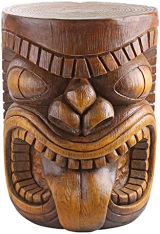 Design Toscano Grand Tiki Face Kanaloa Teeth Indoor/Outdoor Side Table Statue, Patio, Bar, Den, 20 inch tall, Cast Stone Resin, Woodtone Finish
