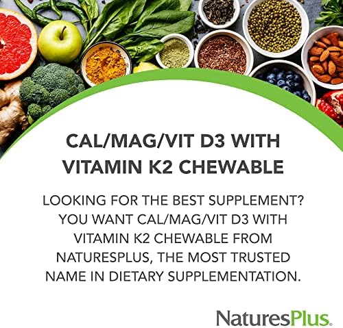 NaturesPlus Calcium/Magnesium/Vitamin D3 with Vitamin K2 - 60 Chewable Tablets - Supports Bone & Immune Health - Vanilla Flavor - Gluten Free - Up to 30 Servings