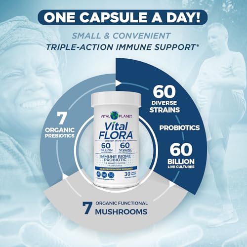 Vital Planet - Vital Flora Immune Support Probiotic, 60 Billion CFU, 60 Diverse Strains, 7 Organic Mushroom Supplement Blend with Prebiotics