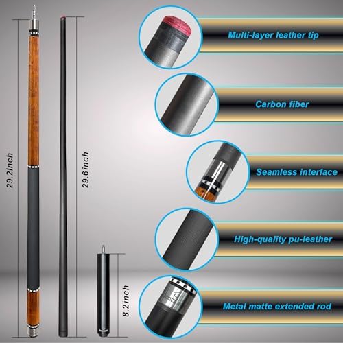 HomeSeason 58inch Carbon Fiber Pool Cue Stick with Screw-in Extension and Leather Case, 18oz Low Deflection Professional Cue Stick for Billiards, 13mm Tip