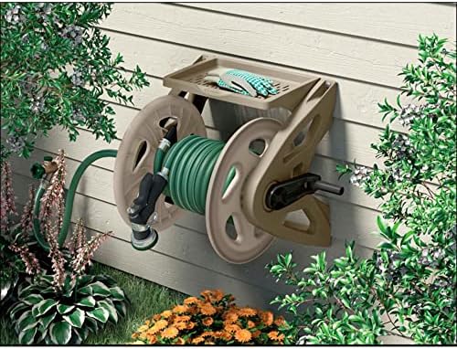 Suncast Slide Trak Garden Hose Reel, Wall-Mount Holder with Storage Tray, Dark Taupe - Outdoor Mounted Organizer for 175 Ft of 5/8" Standard Vinyl Water Hoses in Lawn and Yard