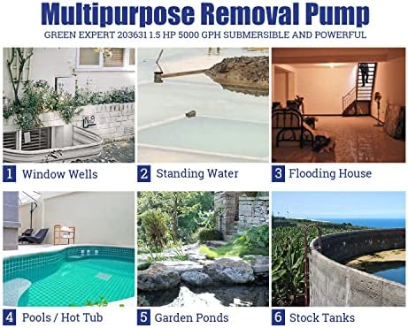 Green Expert 1.5HP Submersible Sump Pump High Flow 5000GPH 25ft Power Cord Manual Automatic On/Off for Water Removal from Basement Sump Pit Pools
