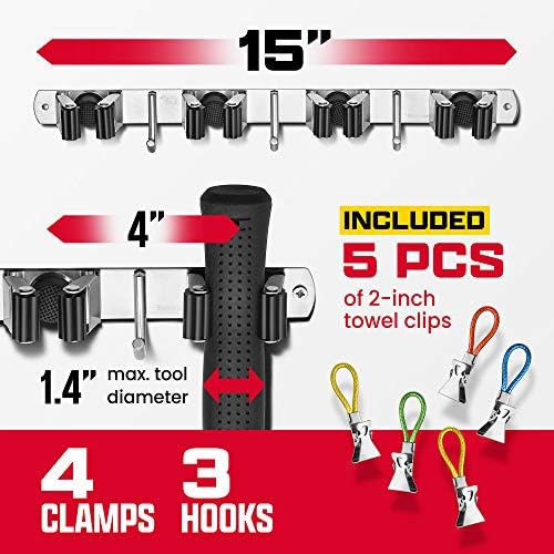 Wall Mount Hanger for Brooms & Mops - Adhesive Stainless Steel Mops & Broom Holder, 4 Clamps, 3 Hooks