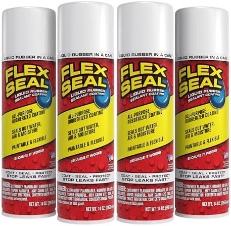 Flex Seal, 14 oz, 4-Pack, White, Stop Leaks Instantly, Waterproof Rubber Spray On Sealant Coating, Perfect for Gutters, Wood, RV, Campers, Roof Repair