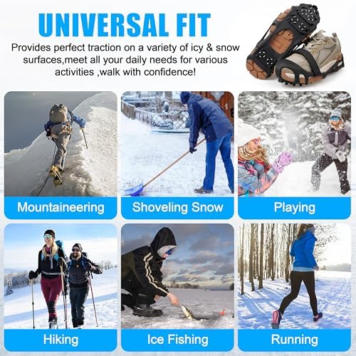 Ice Cleats Snow Traction Cleats Crampons for Shoes and Boots Men Women 28 Studs Anti Slip Shoe Grippers Overshoe Slip-on Stretch Footwear Spikes for Snow and Ice Fishing Winter Walking Hiking