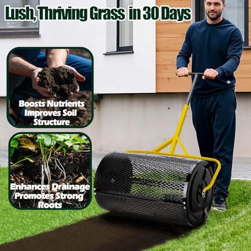 2026 Upgraded 30 Inch Compost Spreader, 26 Gal/99L Large Capacity Heavy Duty Peat Moss Spreader for Lawn, Stable T-Handle Manual Spreader for Top Soil