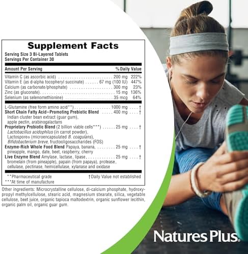 NaturesPlus GI Natural Total Digestive Wellness - 90 Bi-Layered Tablets - with L-Glutamine, Probiotics, Prebiotics & Enzymes - Gluten Free - 30 Servings