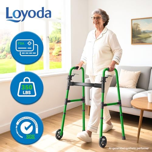 Loyoda Folding Walker with Basket and Glide Skis, 5" Wheels, Lightweight | Standard Walker for Seniors and Adults, Offers 8 Height Adjustments (31"-38"), Supports up to 350 lbs